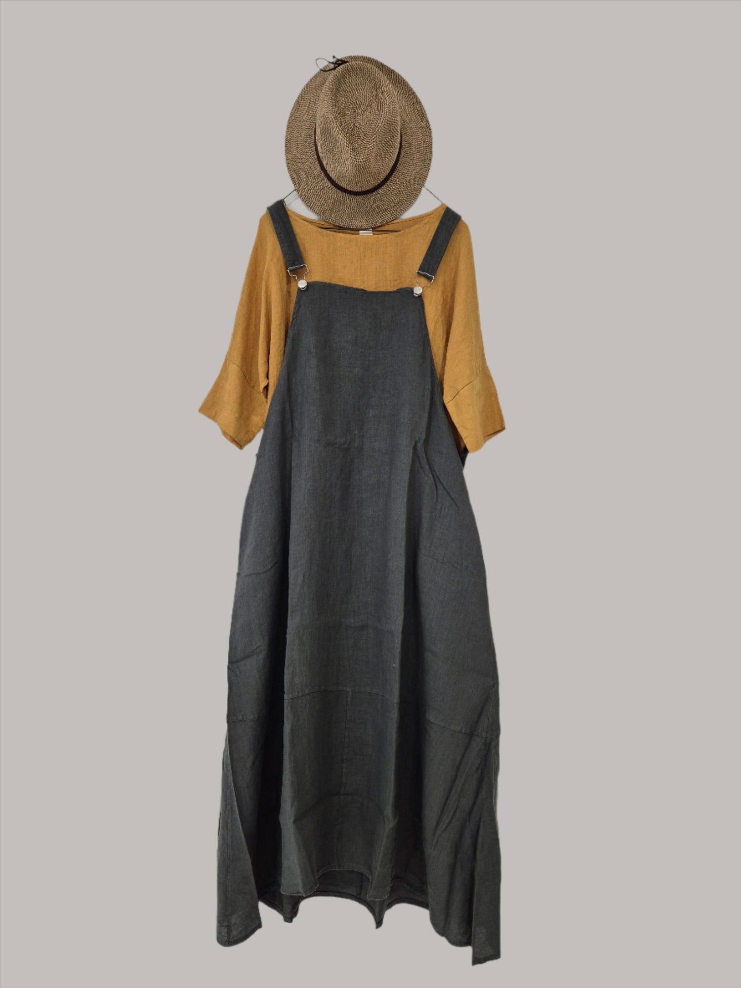 overall dress linen Oddi Colored Denim and Striped Overall Dress in Washed Taupe 3XL
