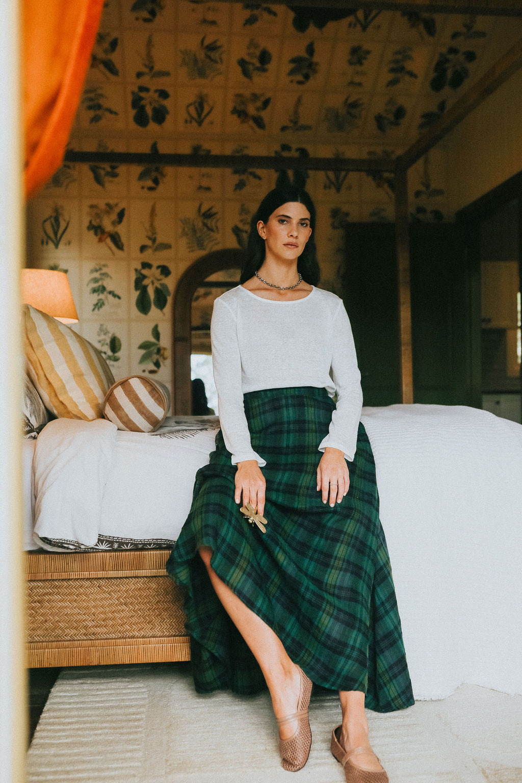 Montaigne Anya Linen Maxi Skirt Green &amp; Black Plaid
