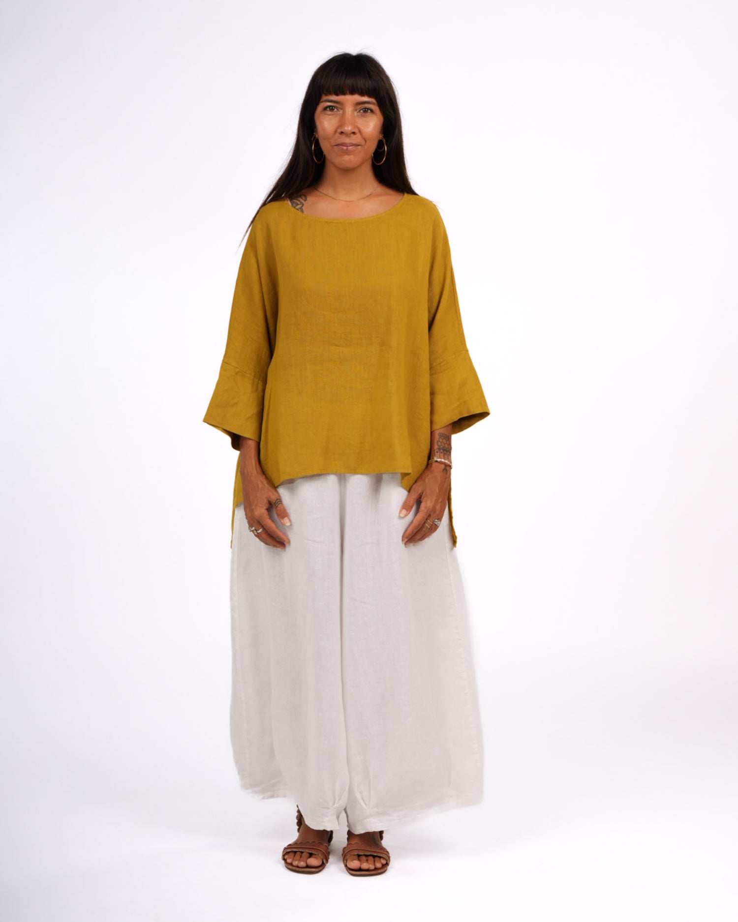 Montaigne Artiste Hi Lo Linen Top Mustard1