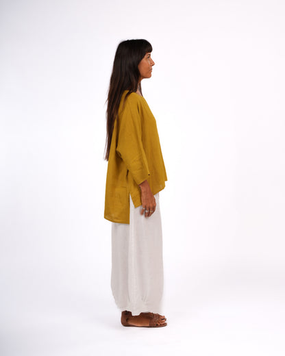 Montaigne Artiste Hi Lo Linen Top Mustard2