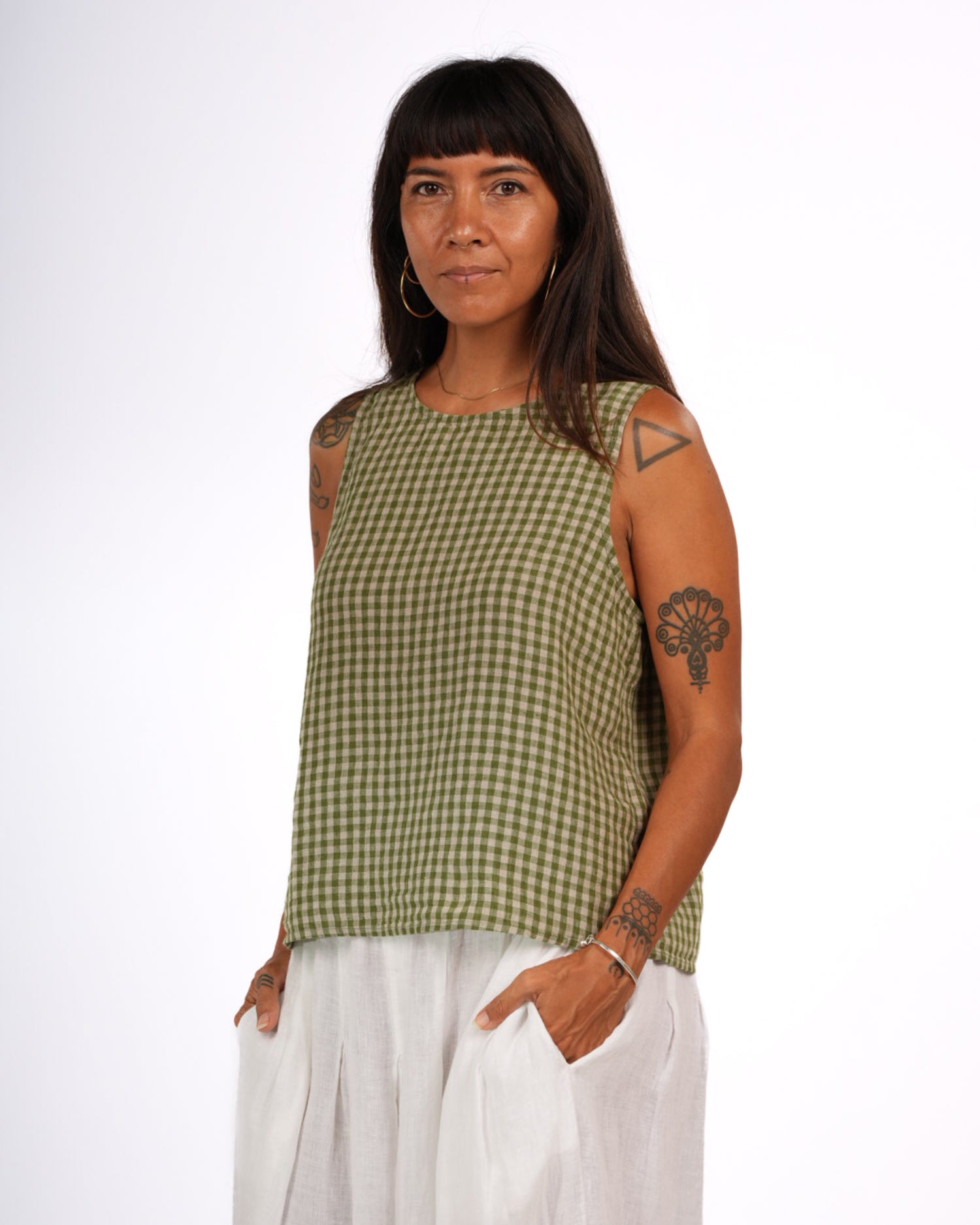 Montaigne Ava Linen Cami in Gingham Pistachio