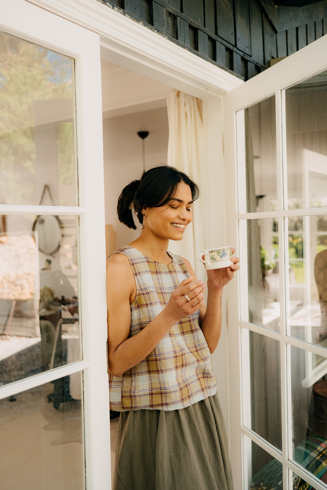 Montaigne Ava Linen Cami in Pistachio Check