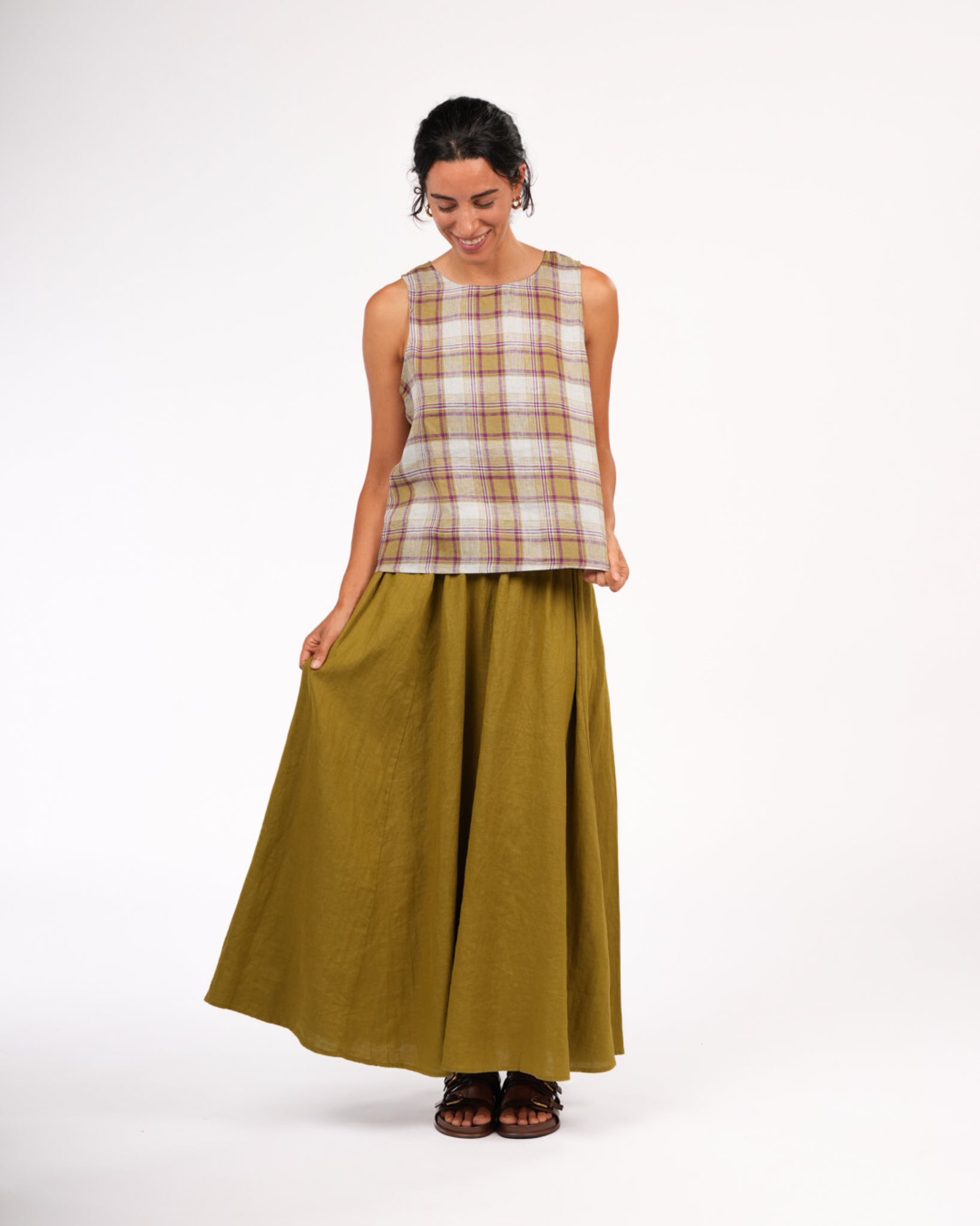 Montaigne Ava Linen Cami in Pistachio Check