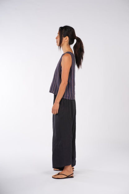 Montaigne Ava Linen Cami Top In Stripe Blue/Beige1