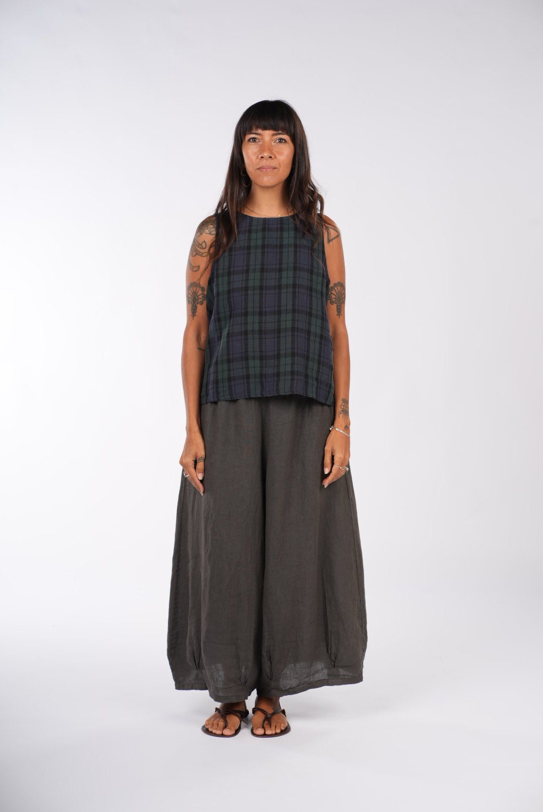 Montaigne Ava Linen Cami Top In Tartan Blue