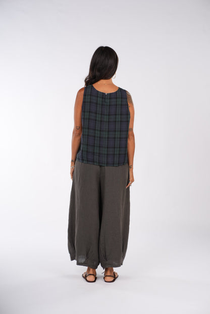 Montaigne Ava Linen Cami Top In Tartan Blue1