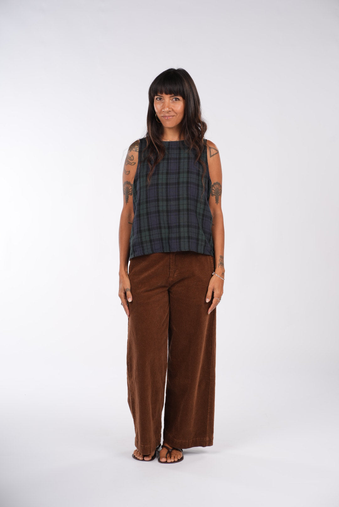 Montaigne Ava Linen Cami Top In Tartan Blue3