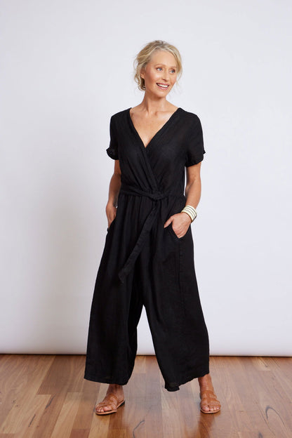 Montaigne Beatrice Linen Jumpsuit with Tie Black