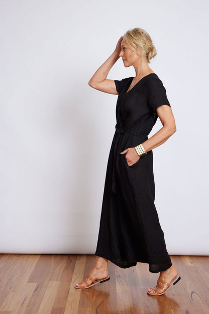 Montaigne Beatrice Linen Jumpsuit with Tie Black1