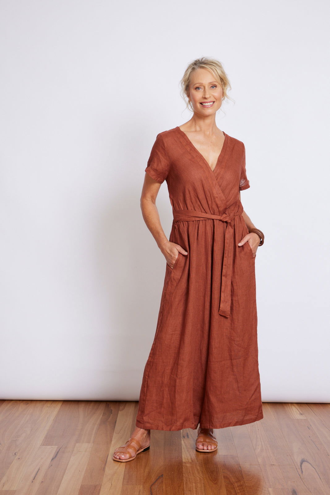 Montaigne Beatrice Linen Jumpsuit with Tie Rust3
