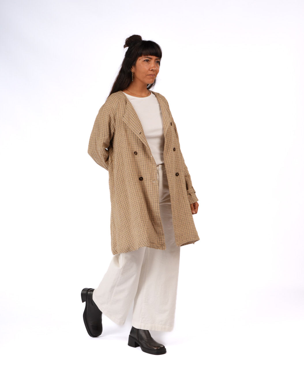 Montaigne Berg French Linen Collarless Peacoat in Brown Check1