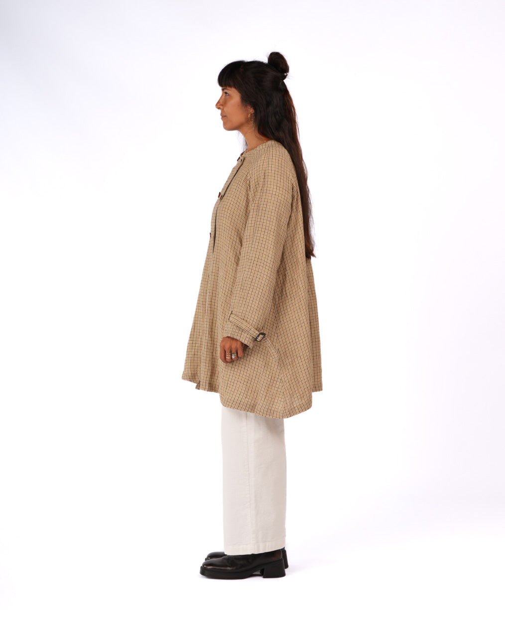 Montaigne Berg French Linen Collarless Peacoat in Brown Check10