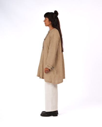 Montaigne Berg French Linen Collarless Peacoat in Brown Check10