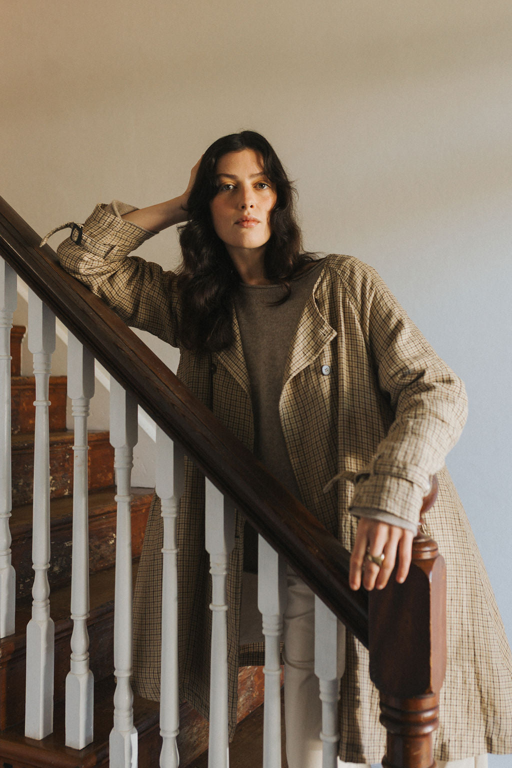 Montaigne Berg French Linen Collarless Peacoat in Brown Check5
