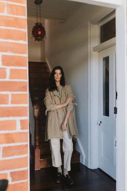 Montaigne Berg French Linen Collarless Peacoat in Brown Check6
