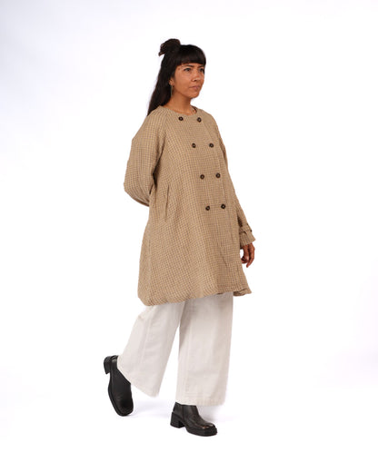 Montaigne Berg French Linen Collarless Peacoat in Brown Check7
