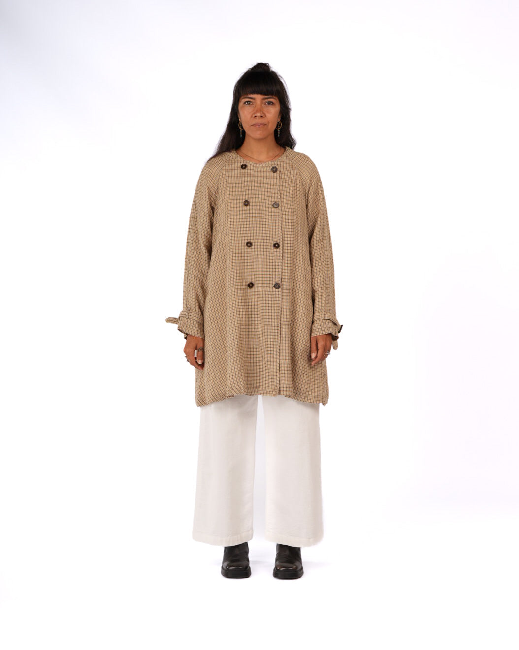 Montaigne Berg French Linen Collarless Peacoat in Brown Check8