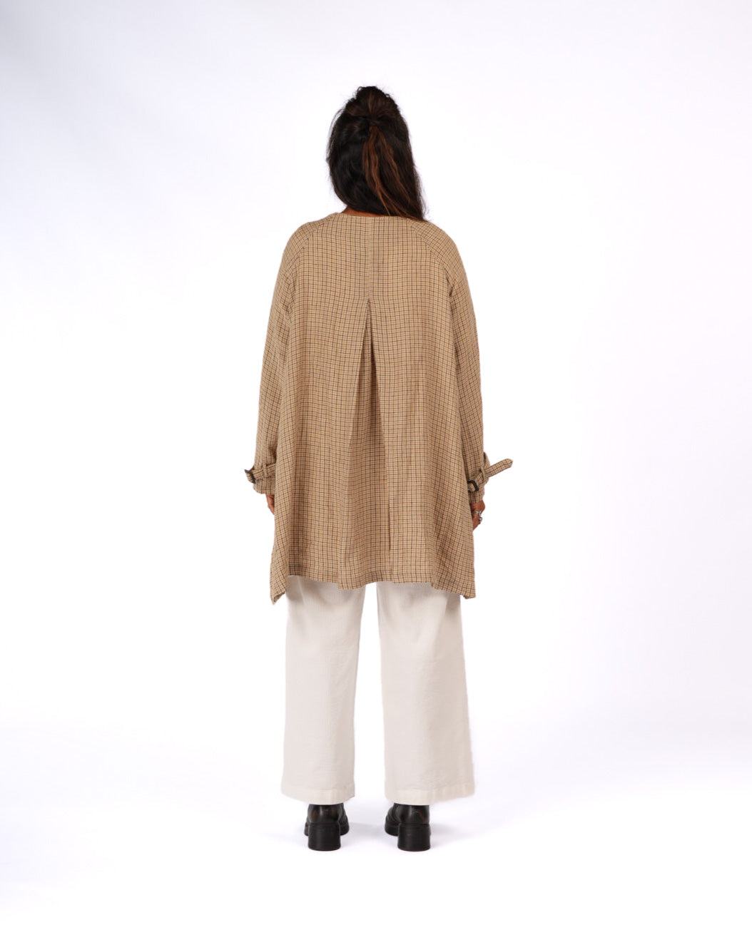 Montaigne Berg French Linen Collarless Peacoat in Brown Check9