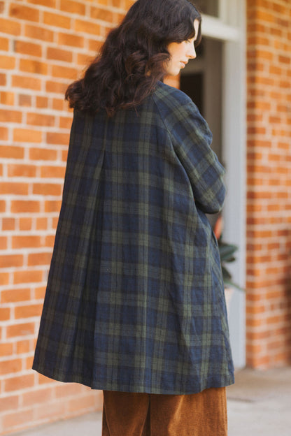 Montaigne Berg French Linen Tartan Collarless Peacoat Blue/Green18