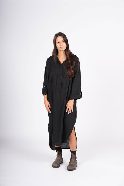 Montaigne Biarritz Oversized Linen Shirt Dress Black