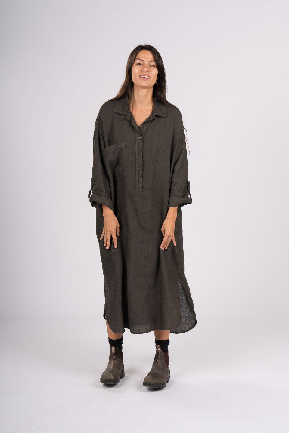 Montaigne Biarritz Oversized Linen Shirt Dress Chocolate1