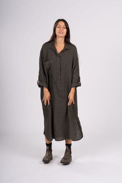 Montaigne Biarritz Oversized Linen Shirt Dress Chocolate1