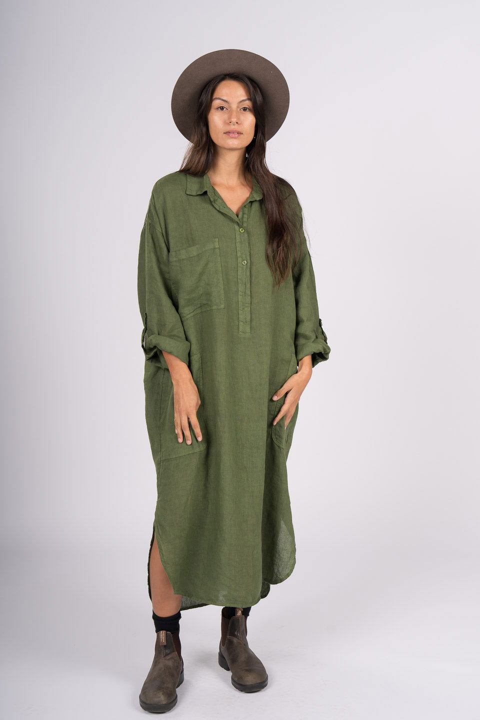 Montaigne Biarritz Oversized Linen Shirt Dress Forest Green 