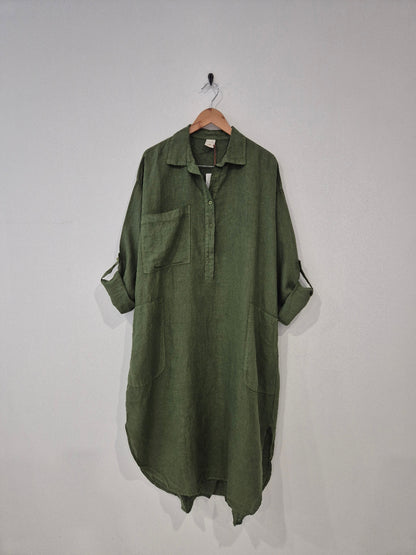 Montaigne Biarritz Oversized Linen Shirt Dress Forest Green2