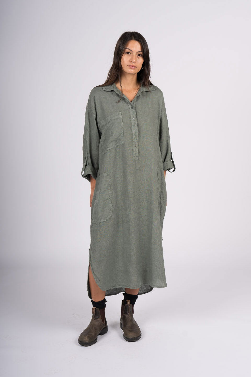 Montaigne Biarritz Oversized Linen Shirt Dress Khaki