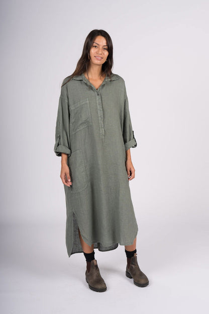 Montaigne Biarritz Oversized Linen Shirt Dress Khaki1