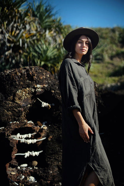 Montaigne Biarritz Oversized Linen Shirt Dress Petrol