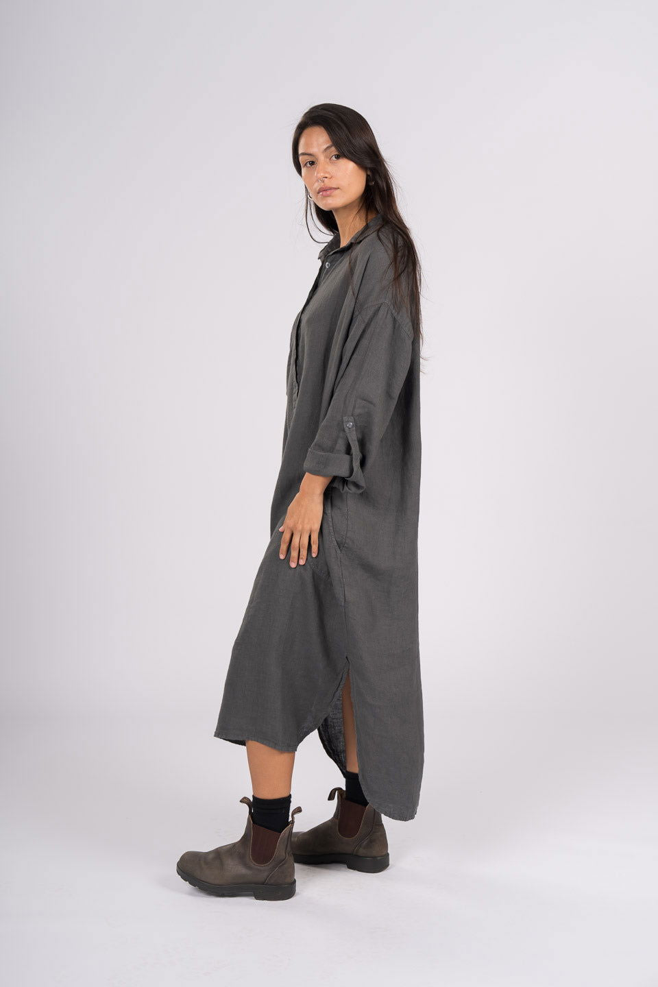 Montaigne Biarritz Oversized Linen Shirt Dress Petrol1