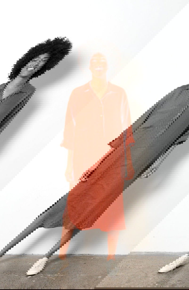 Montaigne Biarritz Oversized Linen Shirt Dress Rust