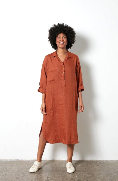 Montaigne Biarritz Oversized Linen Shirt Dress Rust