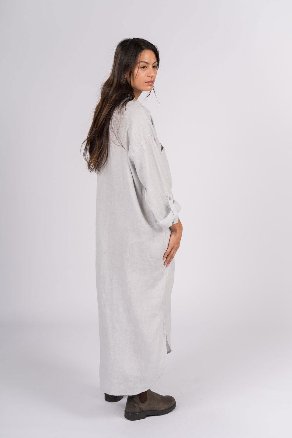 Montaigne Biarritz Oversized Linen Shirt Dress Silver1