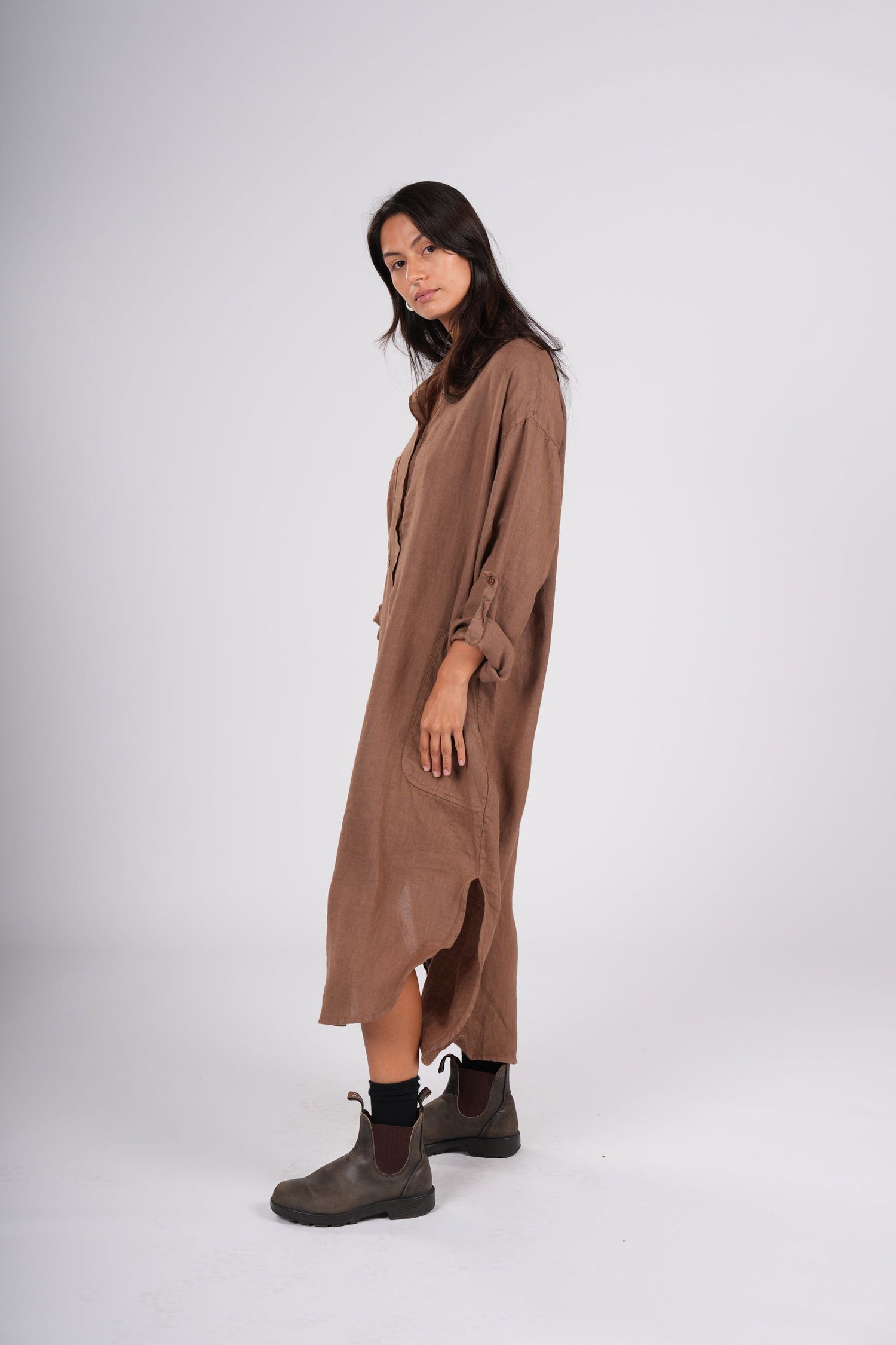 Montaigne Biarritz Oversized Linen Shirt Dress Tobacco