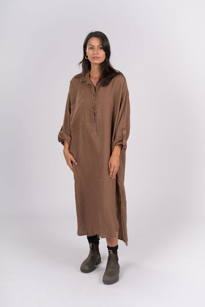 Montaigne Biarritz Oversized Linen Shirt Dress Tobacco1