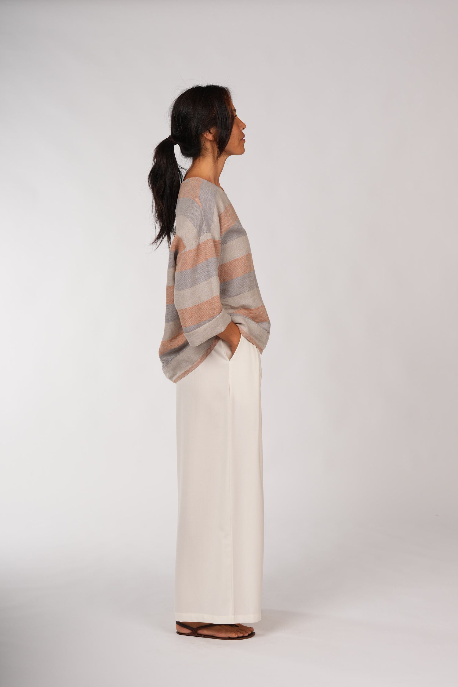 Montaigne Binoche French Stripe Linen Top Orange3