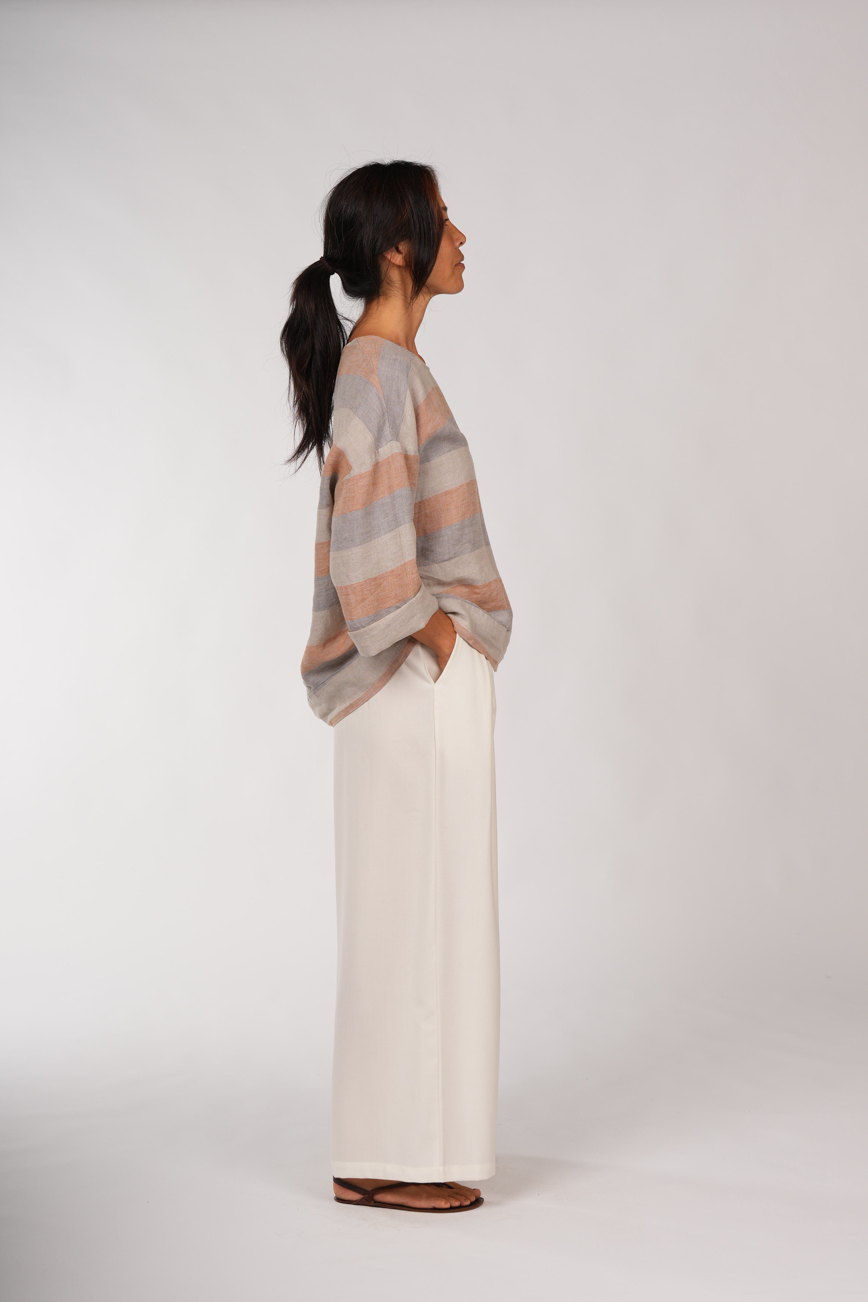 Montaigne Binoche French Stripe Linen Top Orange3