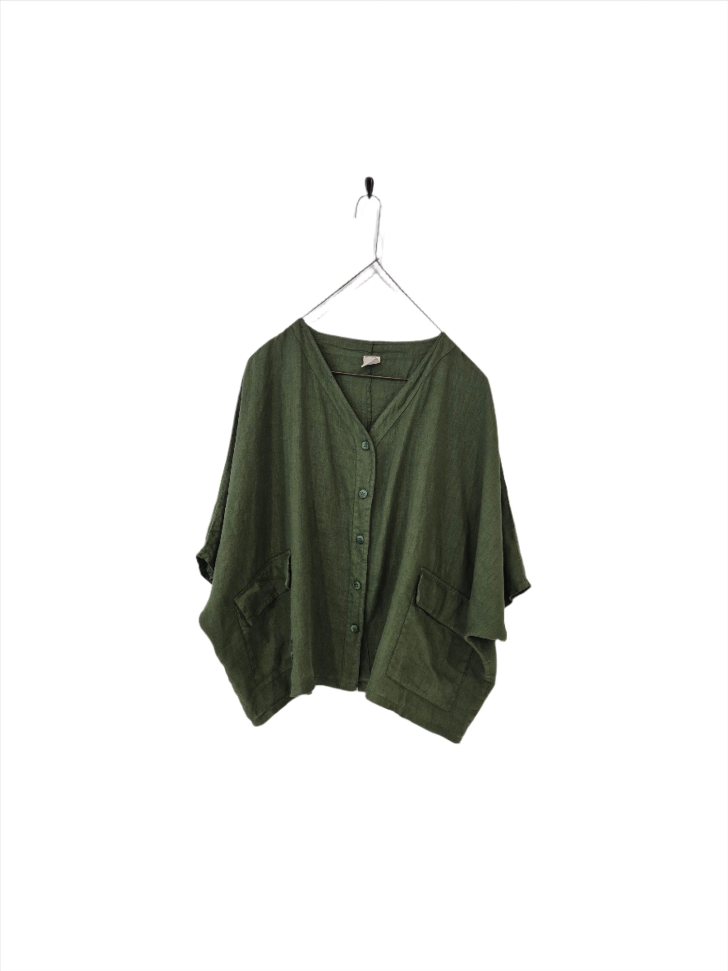 Montaigne Brigitte Button Through Linen Top with Front Pockets Forest Green