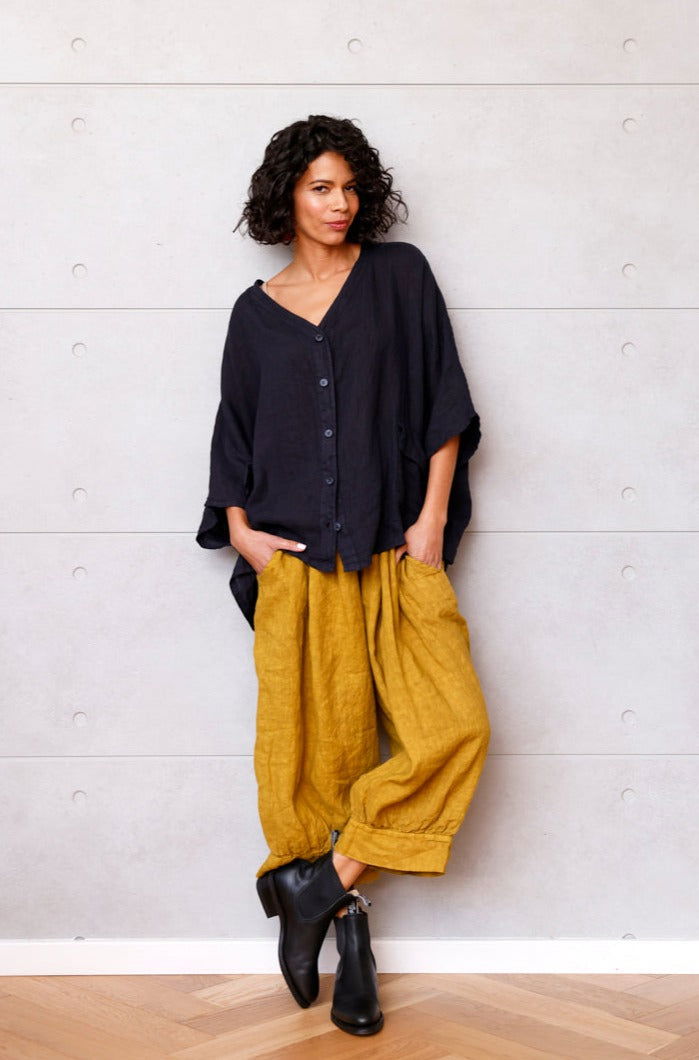 Montaigne Brigitte Button Through Linen Top with Front Pockets Navy