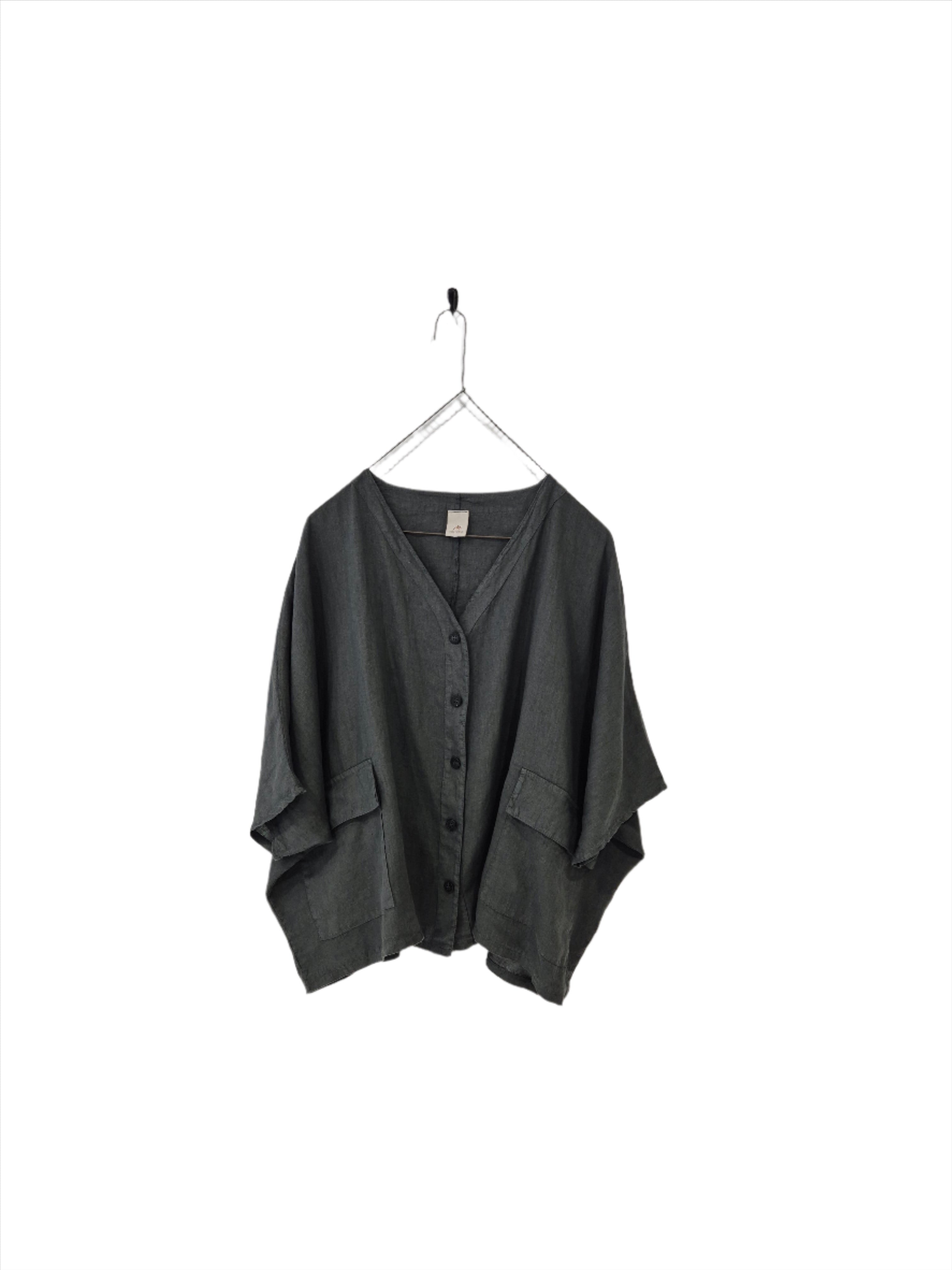 Montaigne Brigitte Button Through Linen Top with Front Pockets Petrol