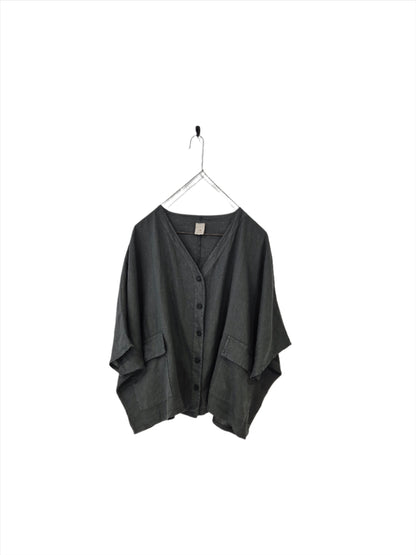 Montaigne Brigitte Button Through Linen Top with Front Pockets Petrol