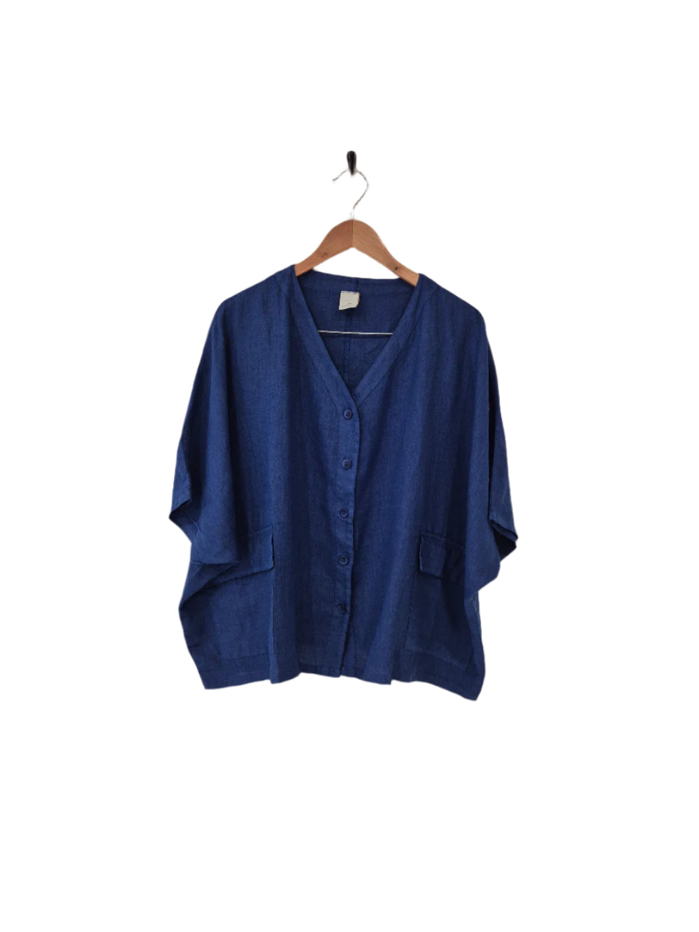 Montaigne Brigitte Button Through Linen Top with Front Pockets Royal Blue