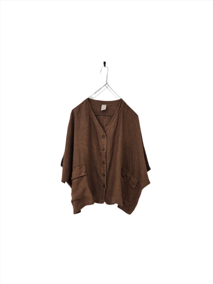 Montaigne Brigitte Button Through Linen Top with Front Pockets Tobacco