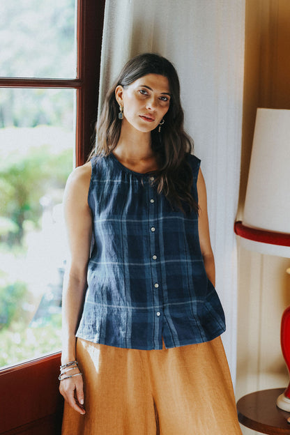 Montaigne Cara Linen Top Blue Check