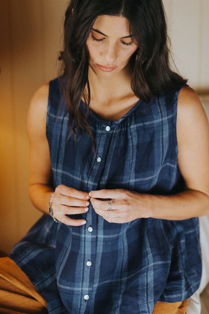 Montaigne Cara Linen Top Blue Check1