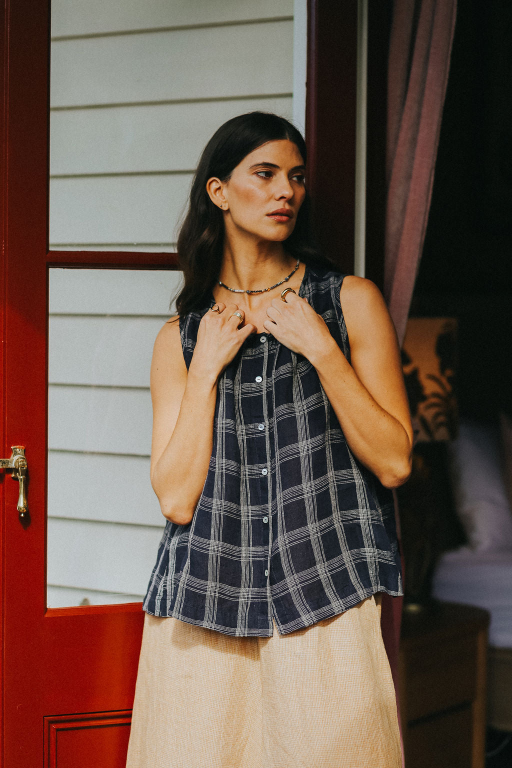 Montaigne Cara Linen Top In Navy Check