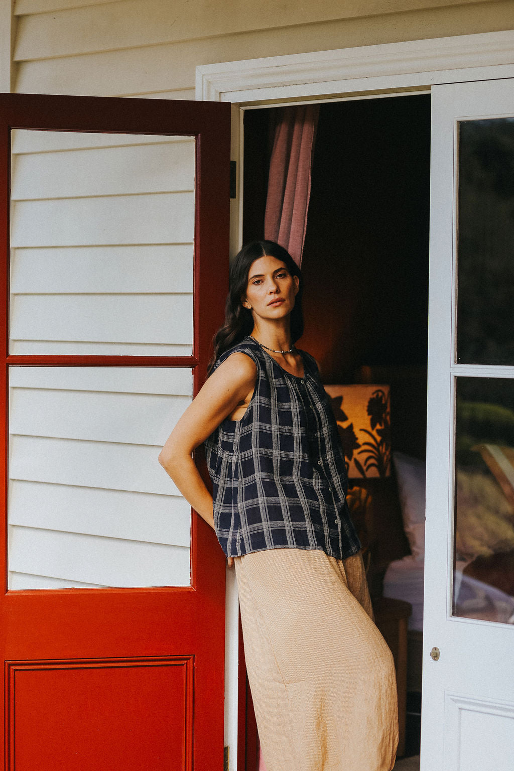 Montaigne Cara Linen Top In Navy Check1