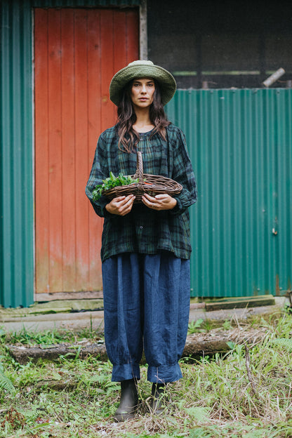 Montaigne Carmen Button Through Linen Top in Green Check2